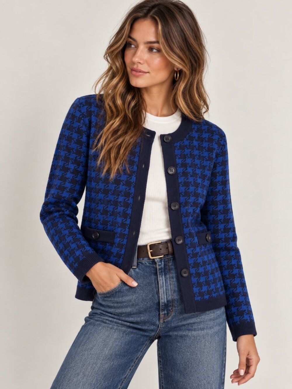 The Tog Shop L Blue Houndstooth Cardigan Preppy Academia Grandmacore Knit